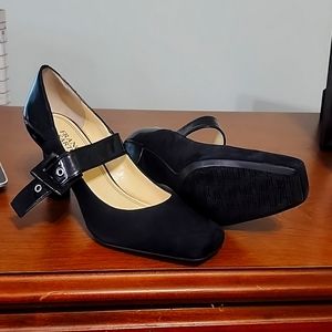 Franco Sarto square toe, chunky heel with buckle strap